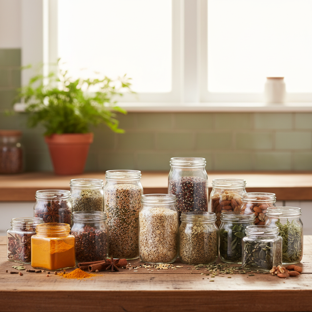 Especias y granos naturales en frascos de vidrio