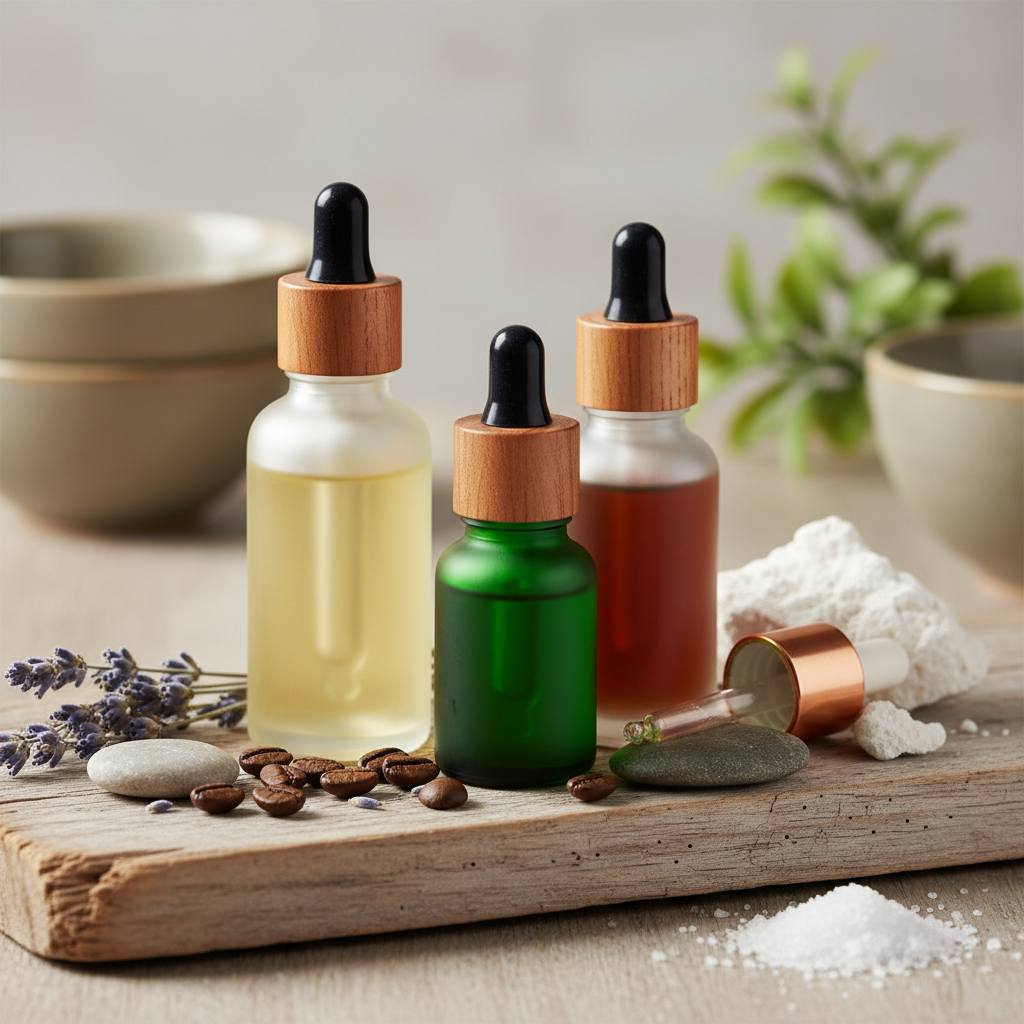 Frascos de aceites esenciales sobre madera